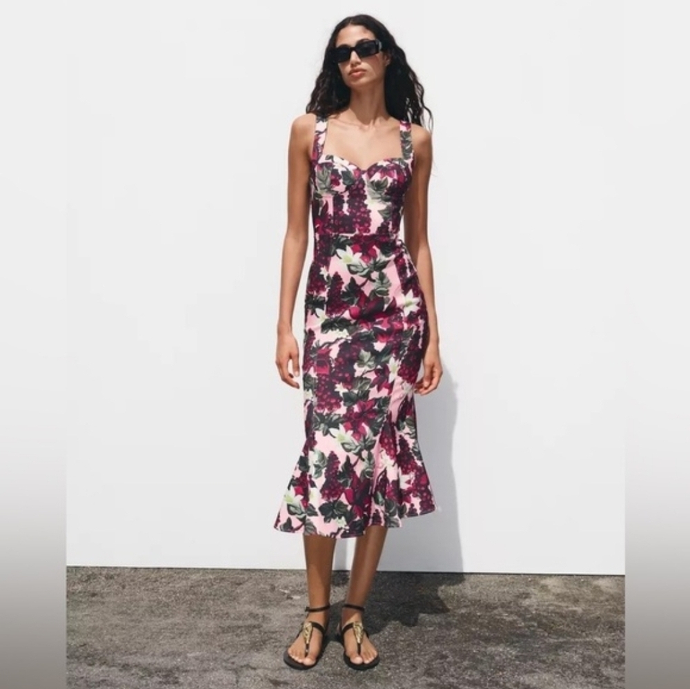 Zara Godet Floral Midi Dress Size Medium